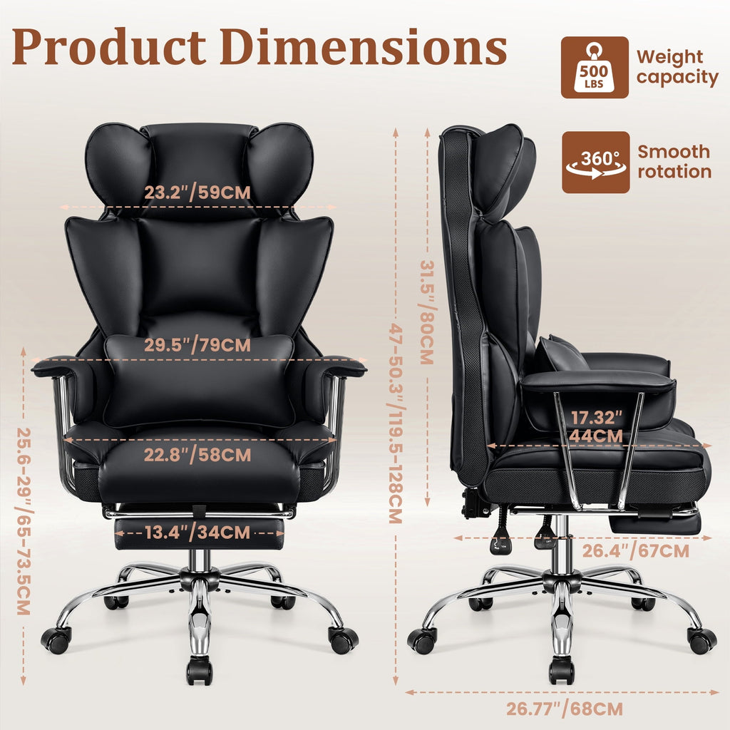 COOLHUT Big and Tall Office Chair 500LBS Wide Seat Ergonomic Computer Desk Chair. PU Leather Executive Office Chair with Footrest. Adjustable Task Chair Lumbar Back Support 8 Hour. Black