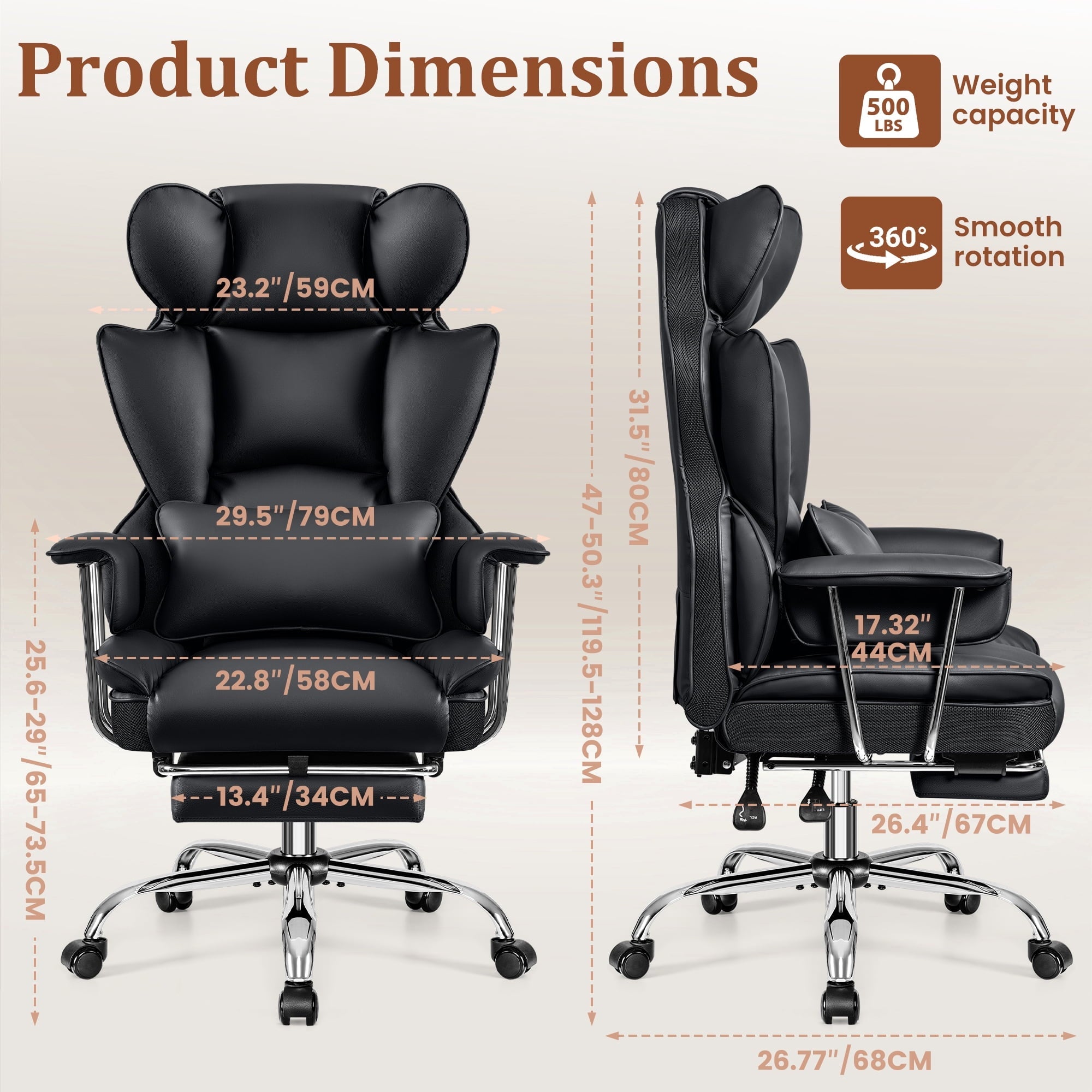 COOLHUT Big and Tall Office Chair 500LBS Wide Seat Ergonomic Computer Desk Chair. PU Leather Executive Office Chair with Footrest. Adjustable Task Chair Lumbar Back Support 8 Hour. Black
