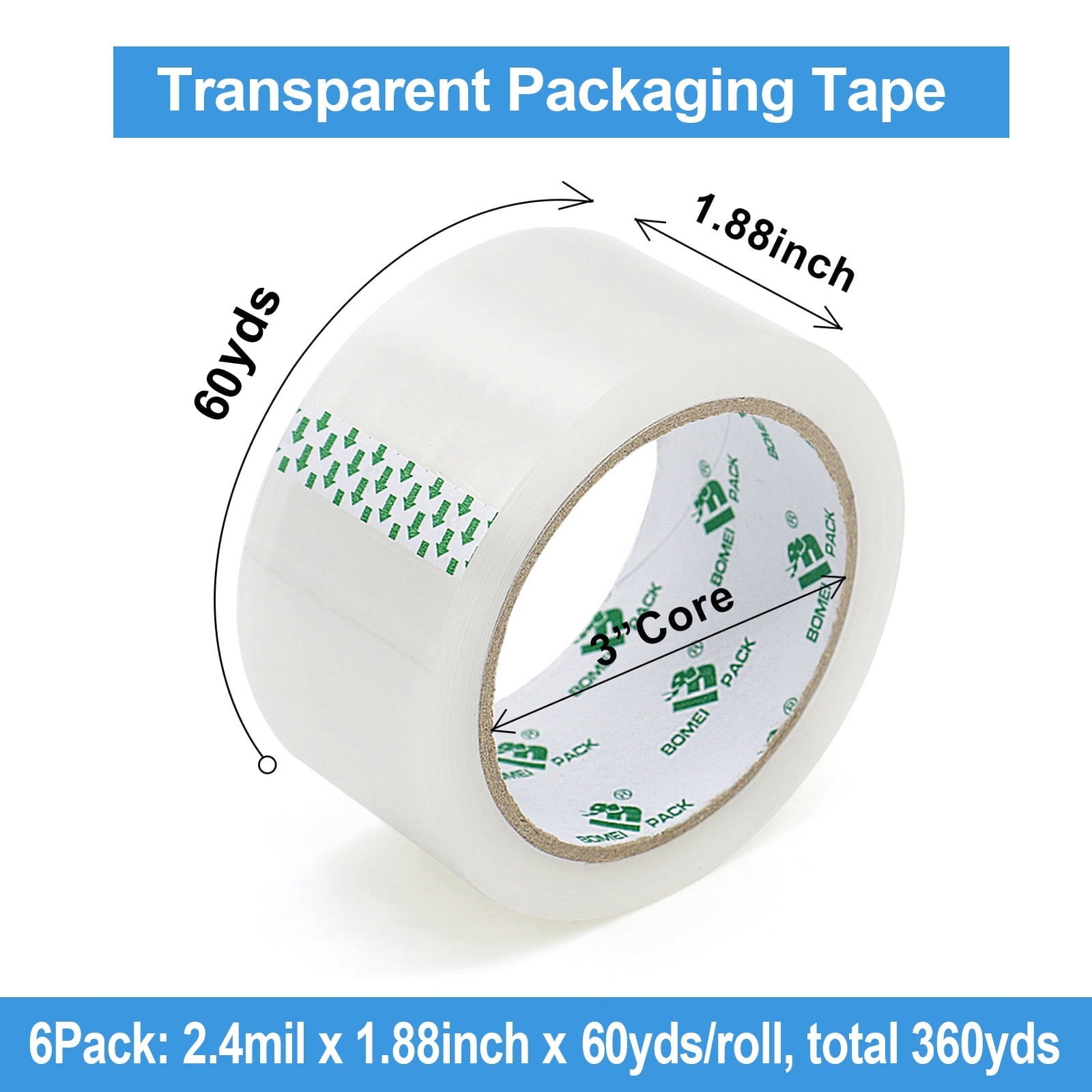 Heavy Duty Transparent Packing Tape with Dispenser. 6 Rolls (360 yd Total). 1.88 in x 60 yd
