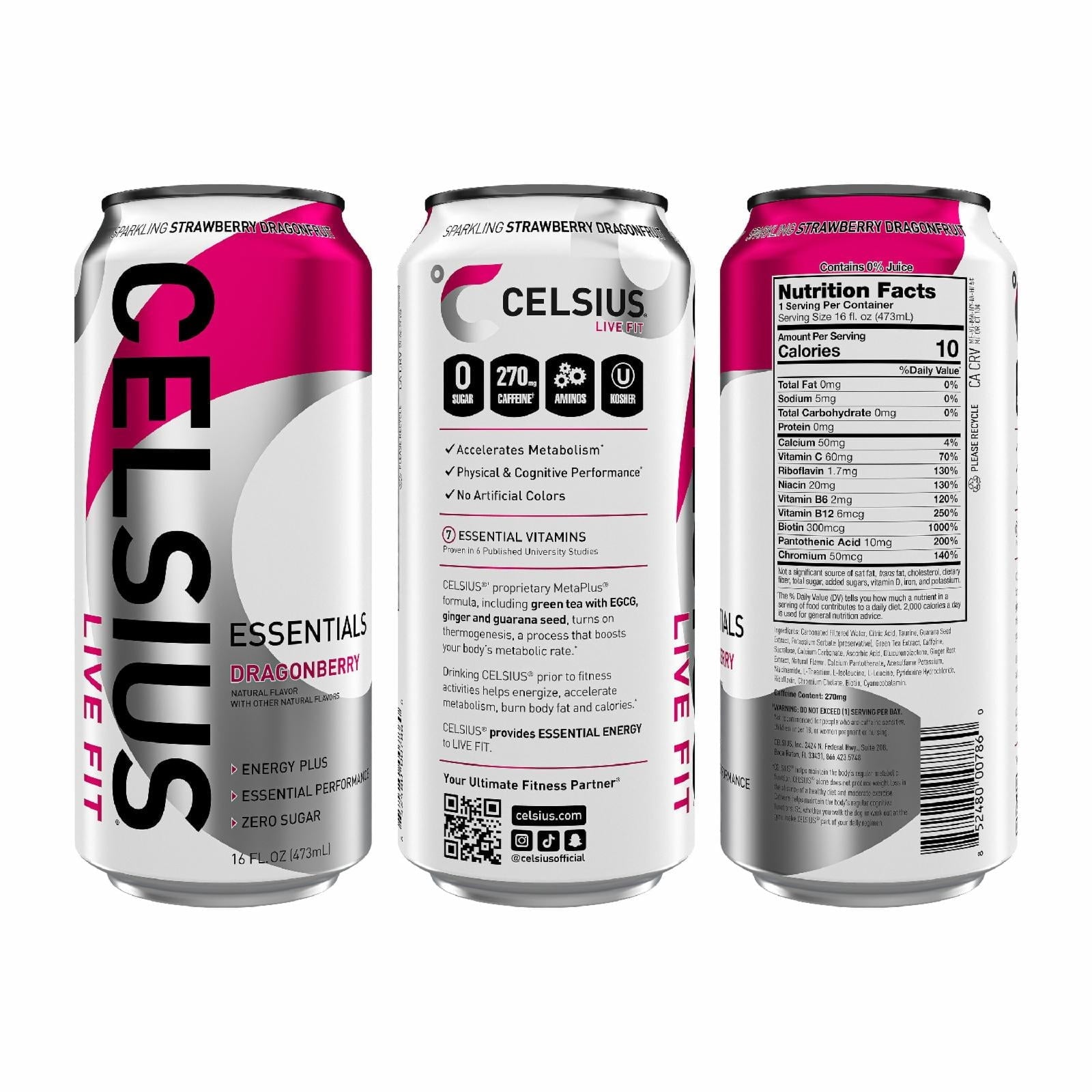 CELSIUS ESSENTIALS Sparkling Dragonberry Energy Drink Can 16 fl oz - 3 count