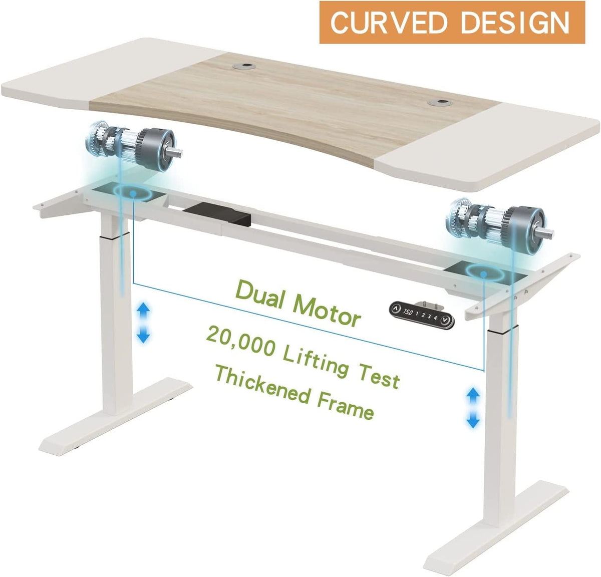 Dual Motor Height Adjustable Standing Desk 63 x 30''  Height Adjustable Computer Desk Sit Stand Desk Home Office Desks with Splice Board White Frame + White Top