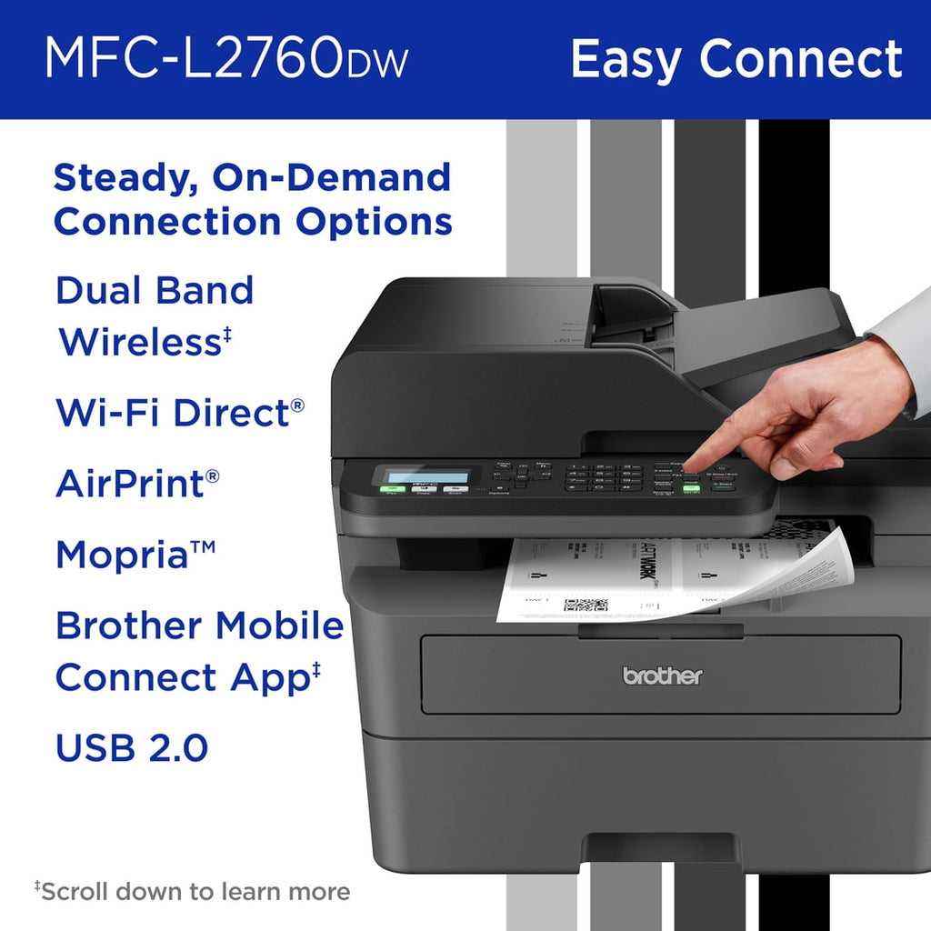 Brother Wireless MFC-L2760DW Compact Monochrome All-in-One Laser Printer with Copy. Scan and Fax. Duplex and Mobile Printing
