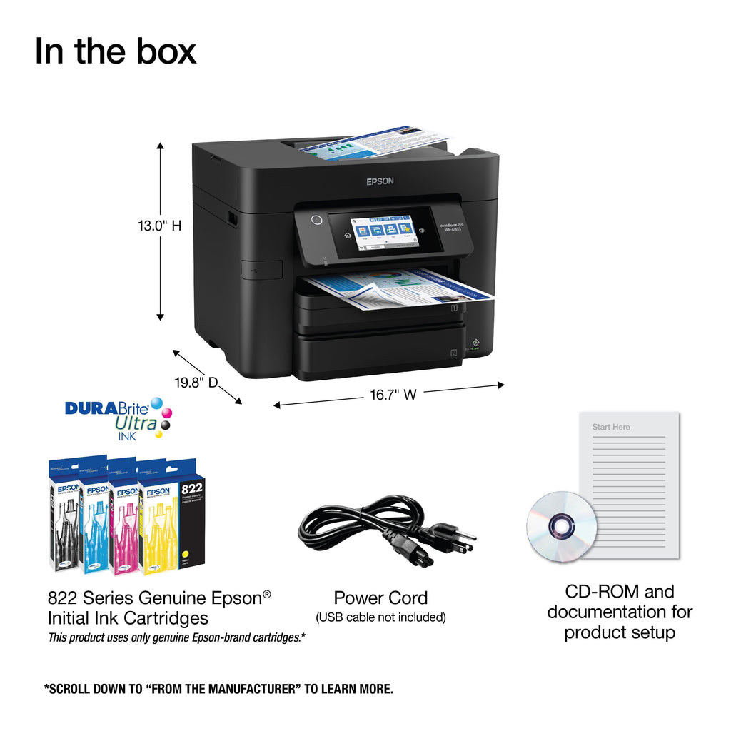 WorkForce Pro WF-4833 Wireless All-in-One Printer with Auto 2-Sided Print. 50-page ADF. 500-sheet Paper Capacity. and 4.3 Color Touchscreen