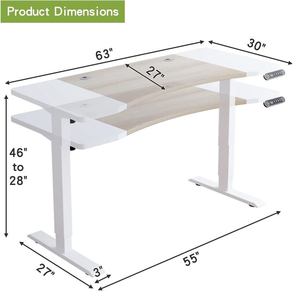 Dual Motor Height Adjustable Standing Desk 63 x 30''  Height Adjustable Computer Desk Sit Stand Desk Home Office Desks with Splice Board White Frame + White Top