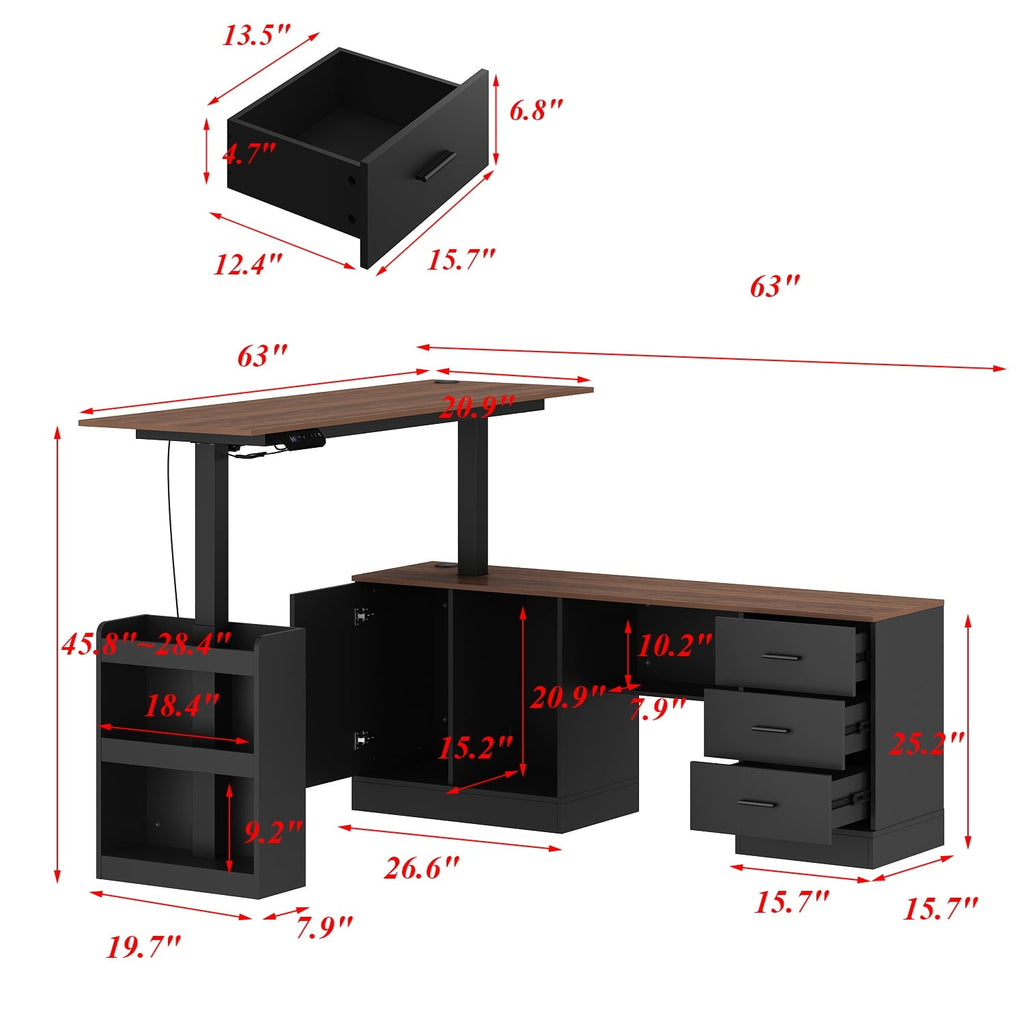 KULAGAGA Electric Standing Desk with Drawers and Shelves. Executive Adjustable Height Desk. L-Shaped Design. 63 inch Tabletop. for Office Deep Brown & Black