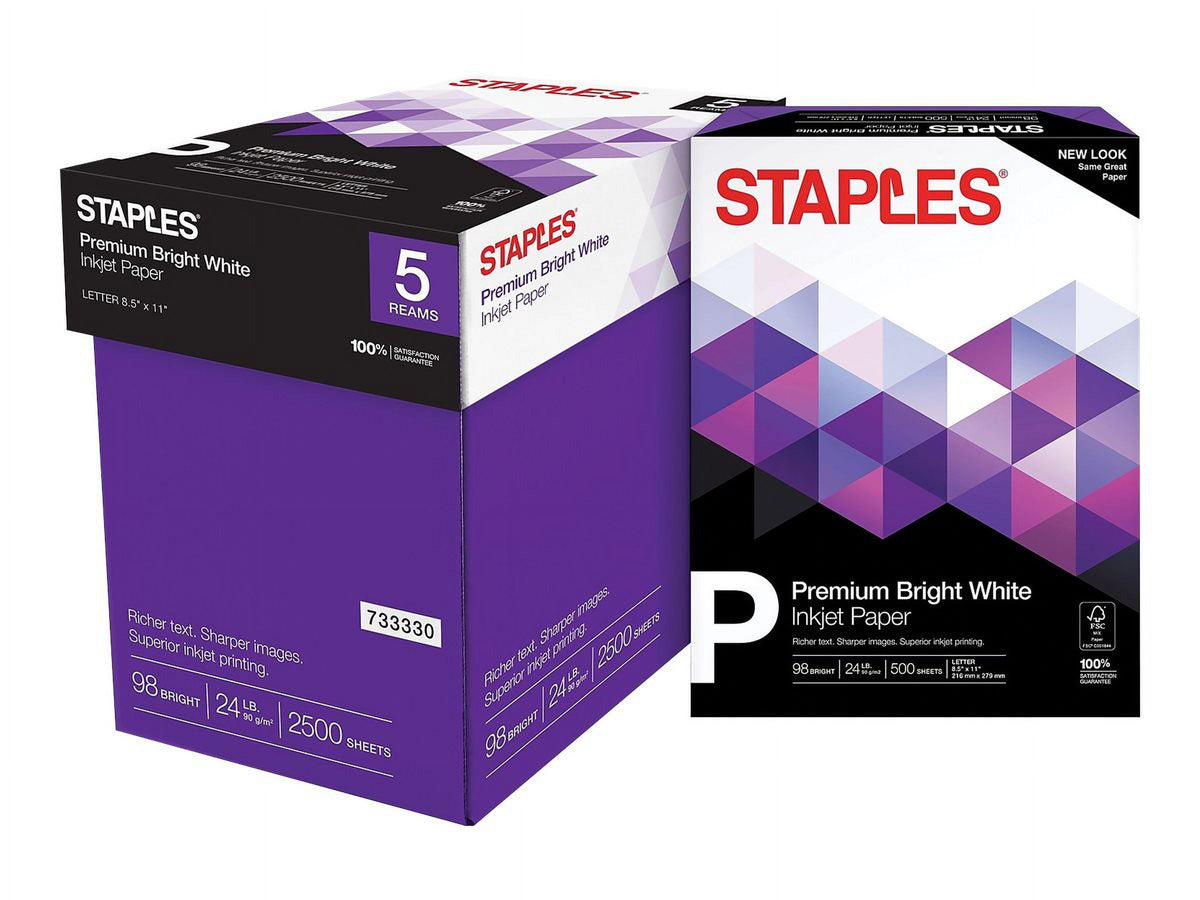 Staples Premium Multipurpose Paper. 8.5 x 11. 24 lb. 98 Bright. White. 5-Ream Carton (2.500 Sheets)