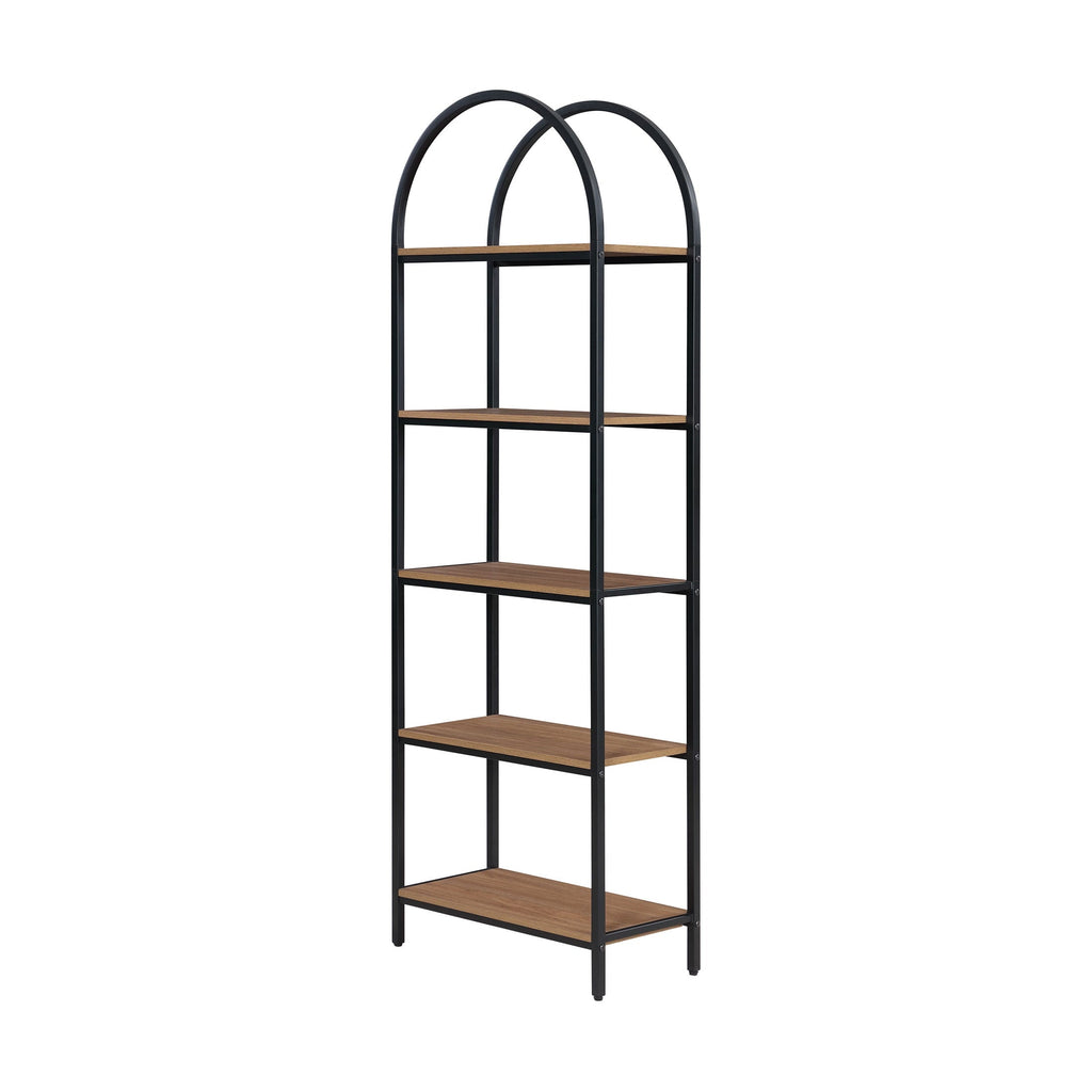 Mainstays 5-Shelf Metal and Wood Arch Open Bookcase. Warm Walnut