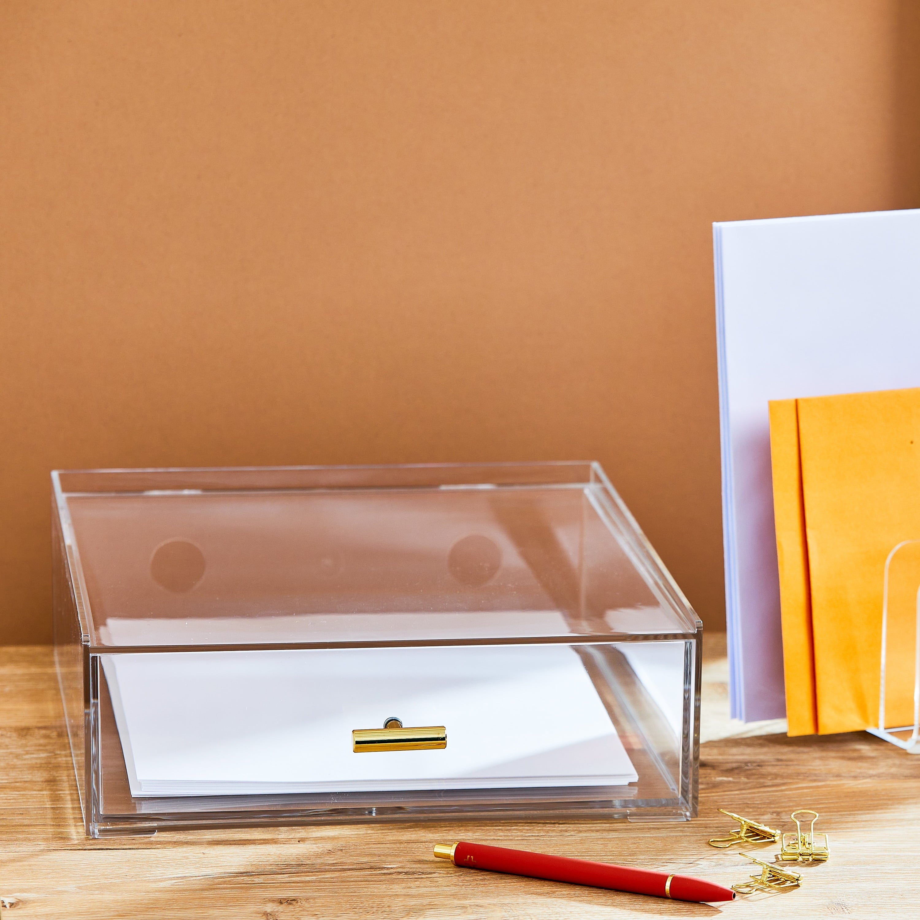 Pen+Gear Acrylic Paper Tray with Drawer. 3.54 x 10.47 x 13.5. Clear