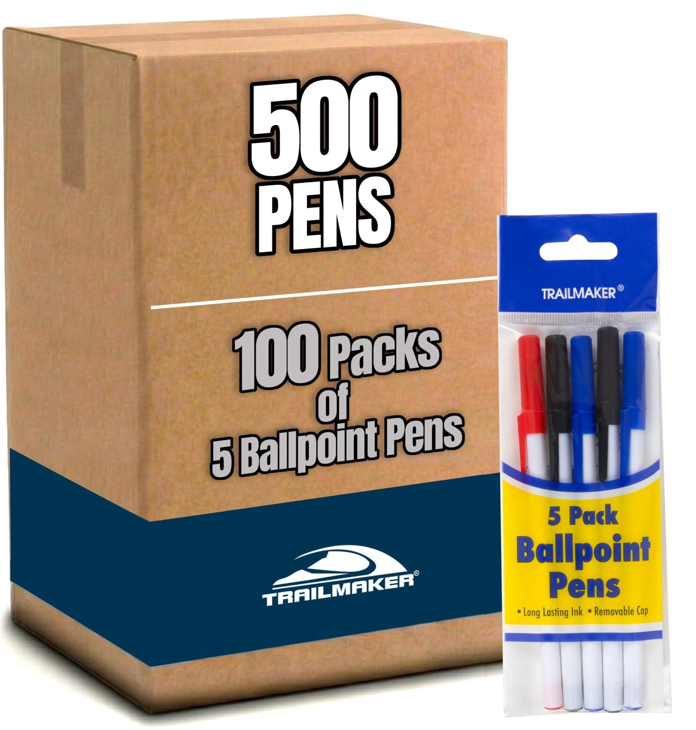 Trailmaker Ballpoint Pens Value Pack - Bulk - 500 Count. Black Blue Red Ink