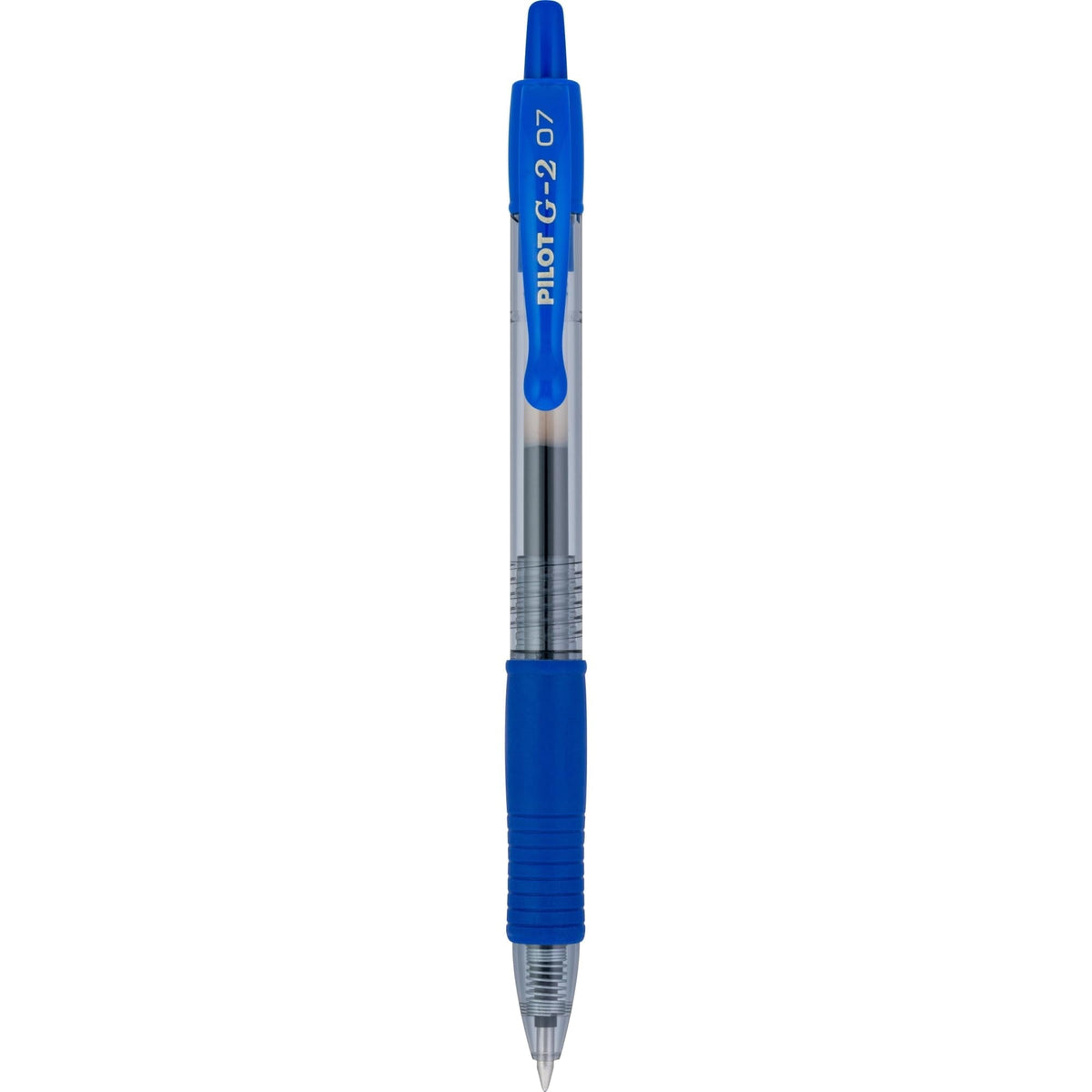 Pilot G2 Retractable Gel Pen. Fine Point. 0.7mm. Clear Barrels. Blue Ink. Tub Of 36 Pens