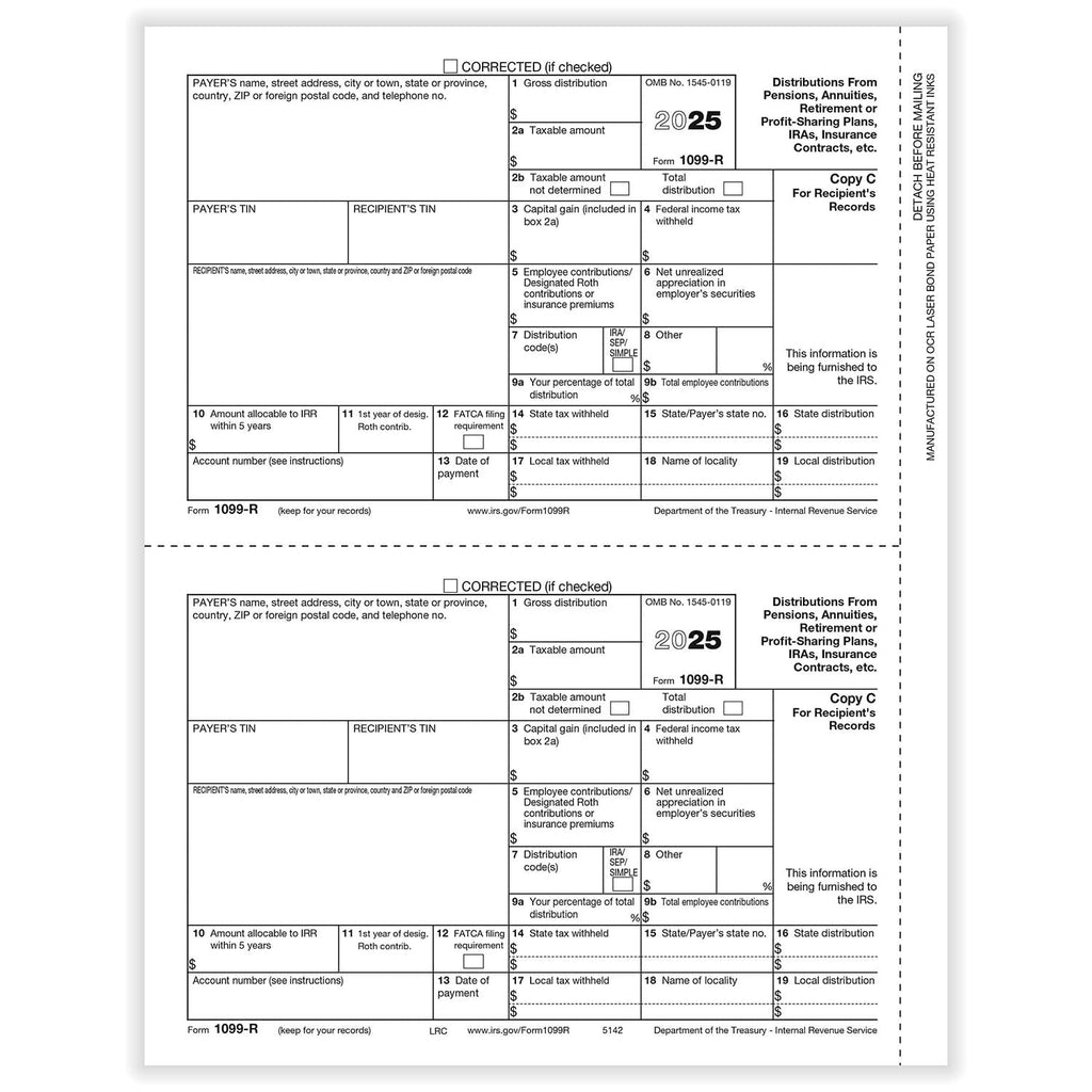 1099-R Recipient Copy C 2-Up. Pack of 50 Sheets. 100 Forms