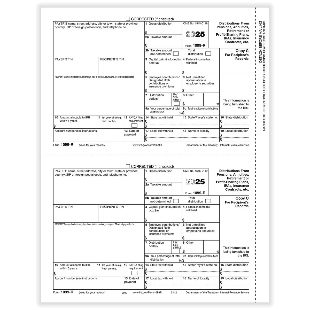 1099-R Recipient Copy C 2-Up. Pack of 50 Sheets. 100 Forms