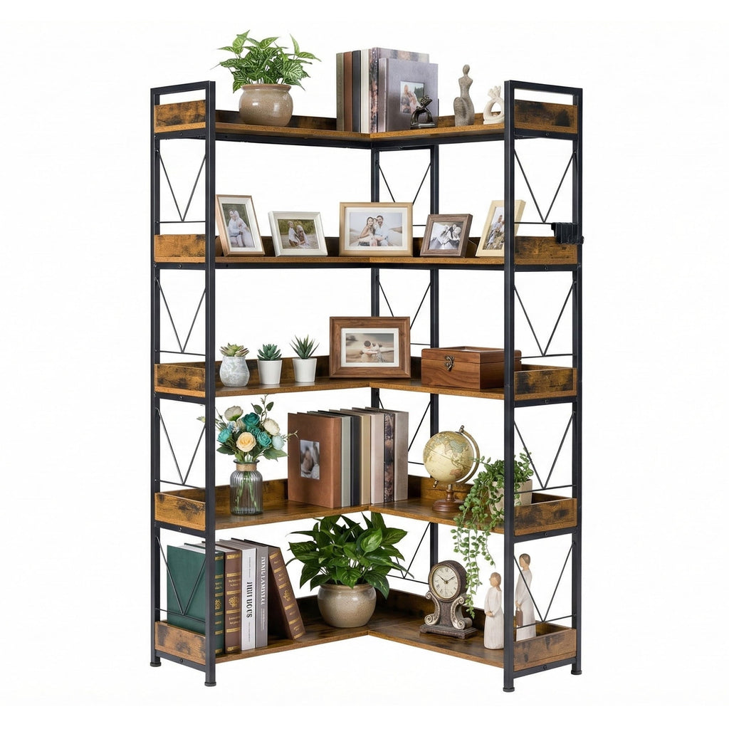 EDX 5-Tier Corner Shelf.  65'' L-Shaped Display Bookshelf . Industrial Wooden Bookcase with Metal Frame for Home . Office. Rustic Brown
