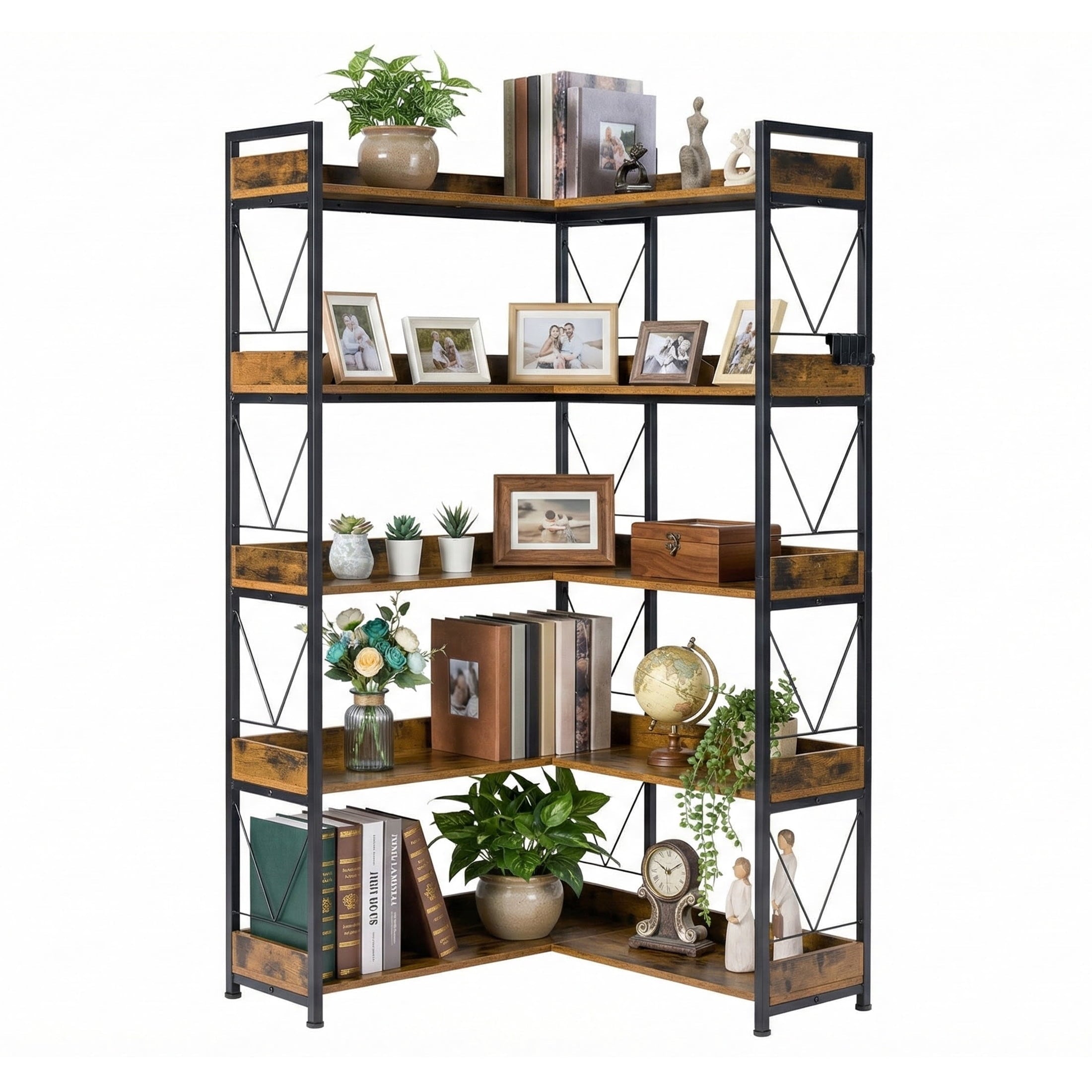 EDX 5-Tier Corner Shelf.  65'' L-Shaped Display Bookshelf . Industrial Wooden Bookcase with Metal Frame for Home . Office. Rustic Brown