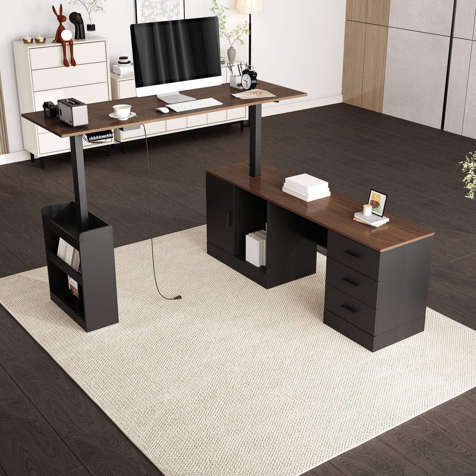 KULAGAGA Electric Standing Desk with Drawers and Shelves. Executive Adjustable Height Desk. L-Shaped Design. 63 inch Tabletop. for Office Deep Brown & Black