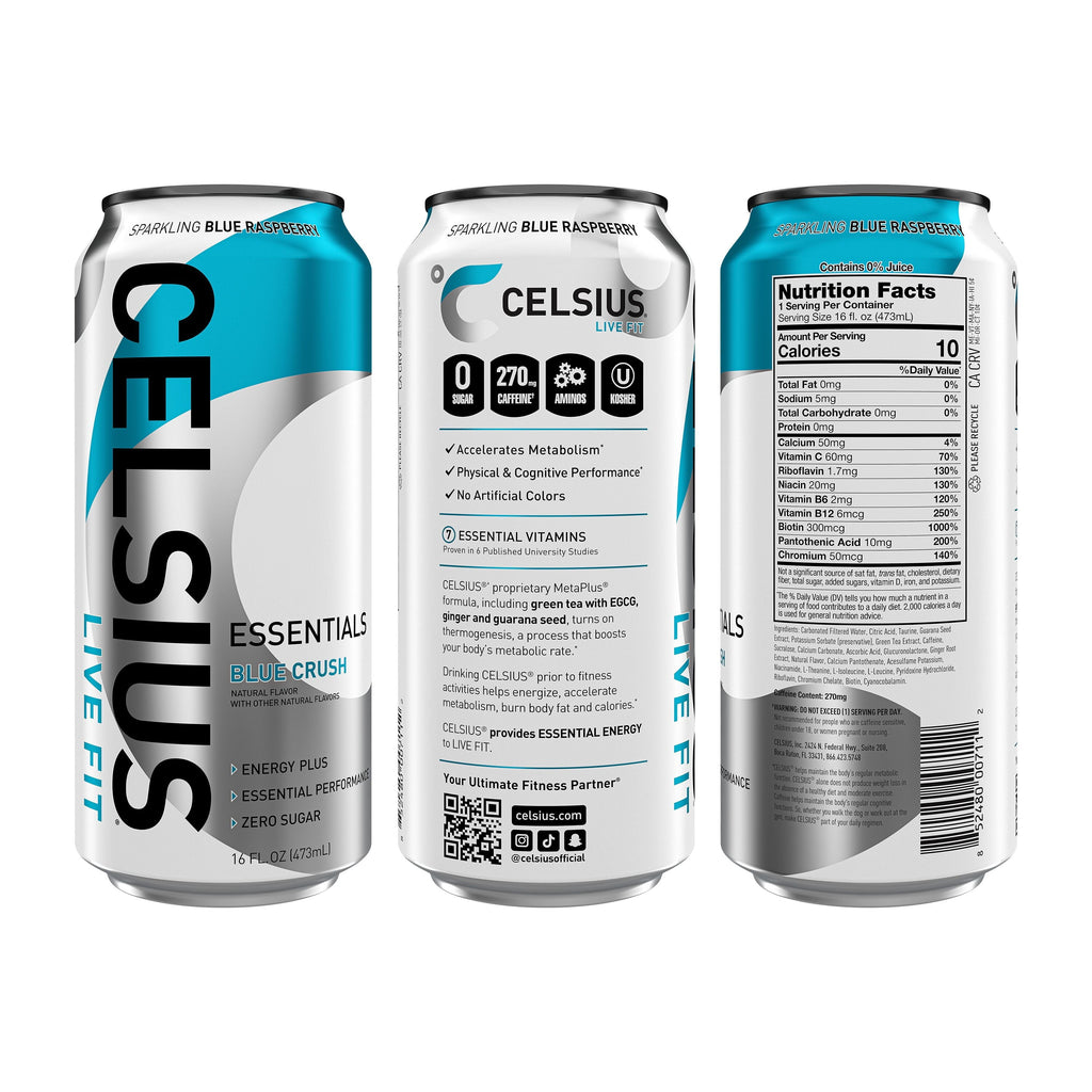 CELSIUS ESSENTIALS. Sparkling Blue Crush. Performance Energy Drink 16 fl oz (Pack of 12)