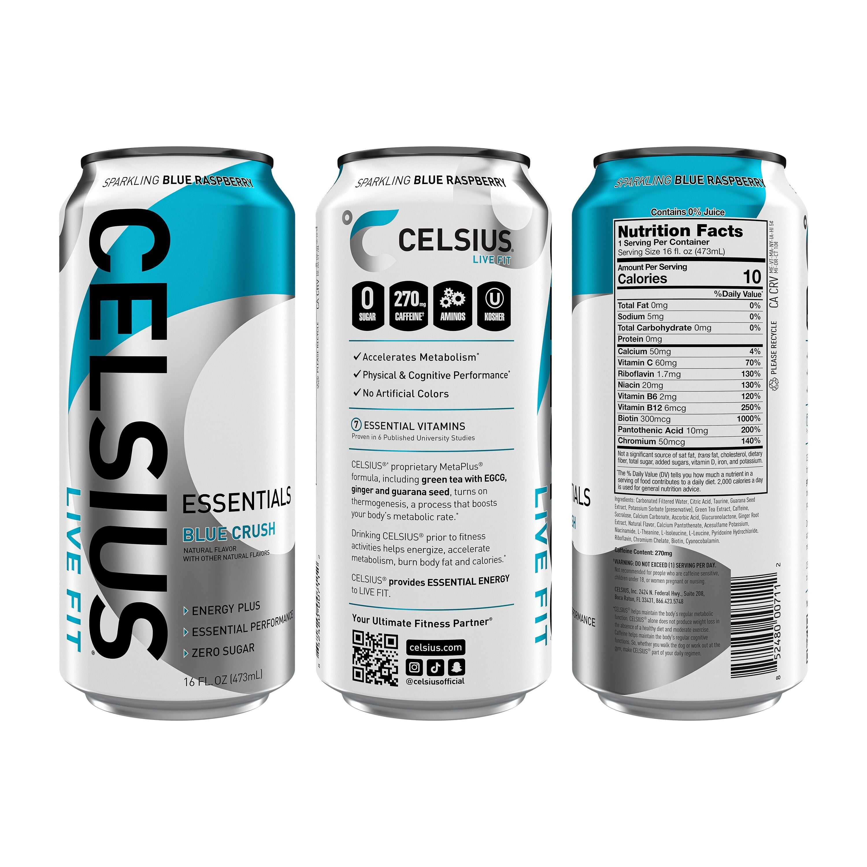 CELSIUS ESSENTIALS. Sparkling Blue Crush. Performance Energy Drink 16 fl oz (Pack of 12)