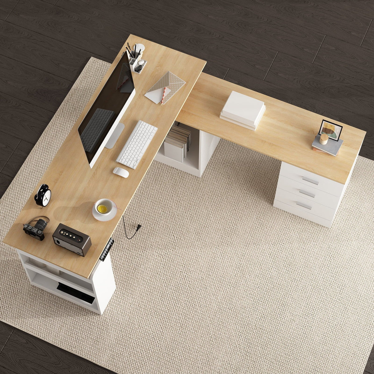 KULAGAGA Electric Standing Desk with Drawers and Shelves. Executive Adjustable Height Desk. L-Shaped Design. 63 inch Tabletop. for Office Deep Oak & White