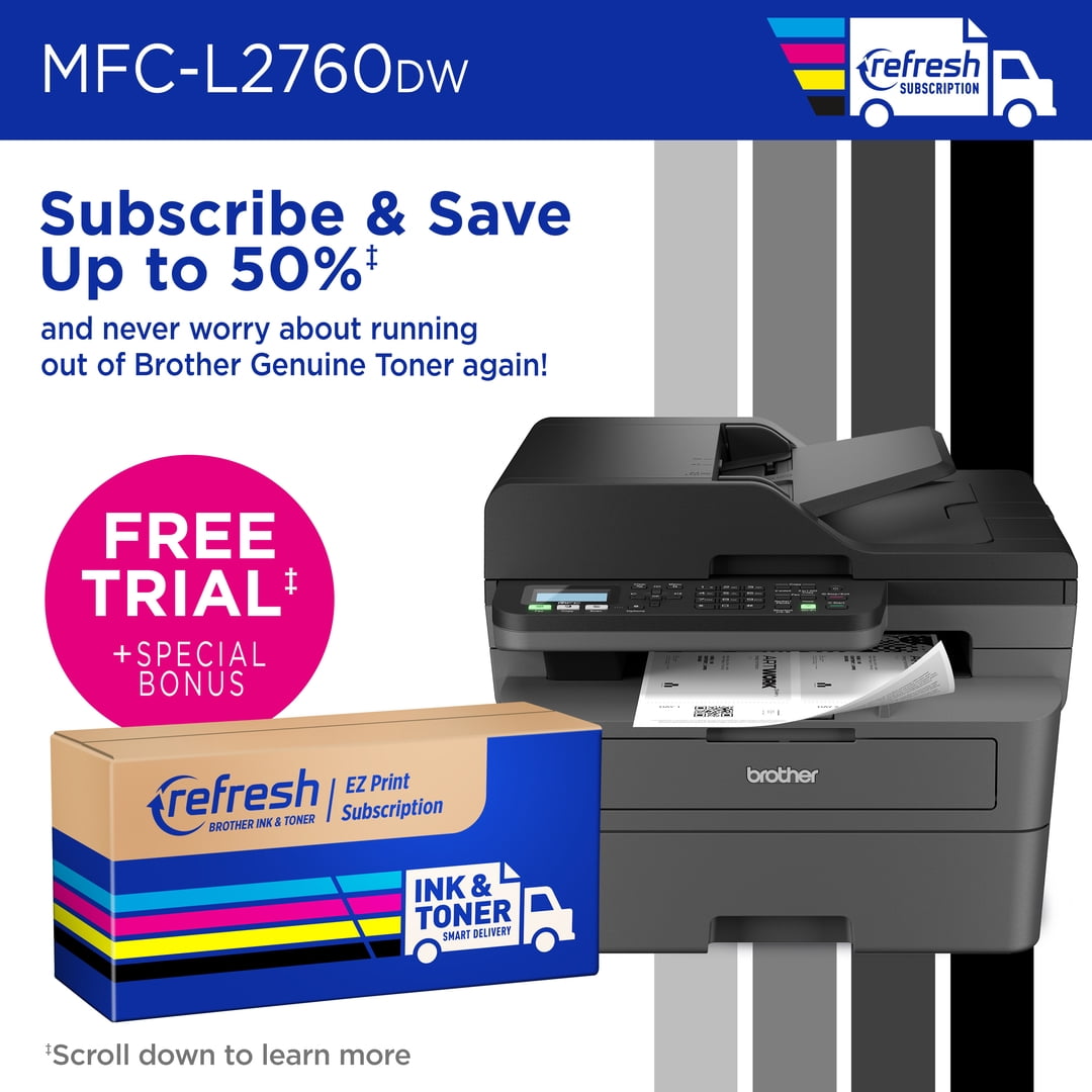 Brother Wireless MFC-L2760DW Compact Monochrome All-in-One Laser Printer with Copy. Scan and Fax. Duplex and Mobile Printing