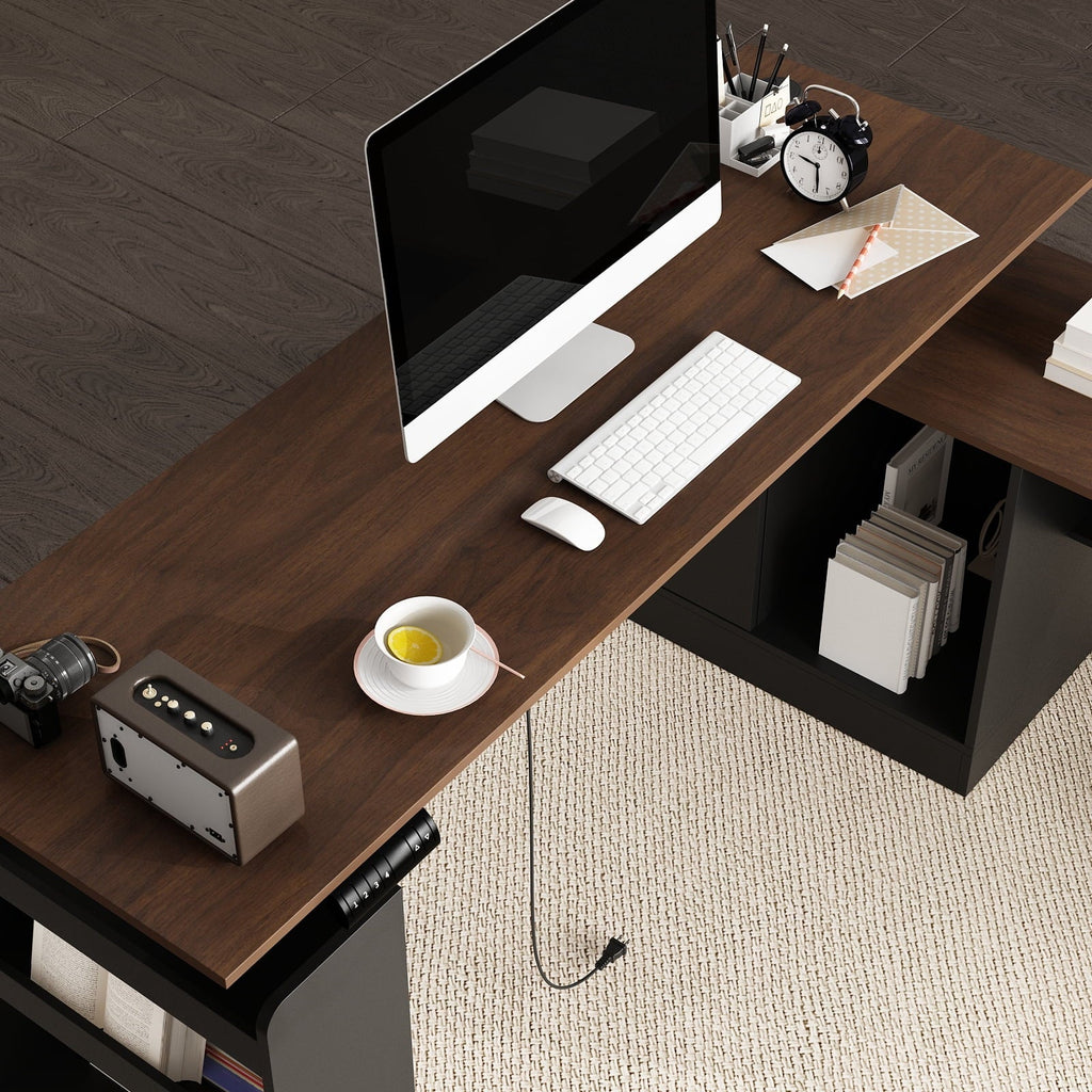 KULAGAGA Electric Standing Desk with Drawers and Shelves. Executive Adjustable Height Desk. L-Shaped Design. 63 inch Tabletop. for Office Deep Brown & Black