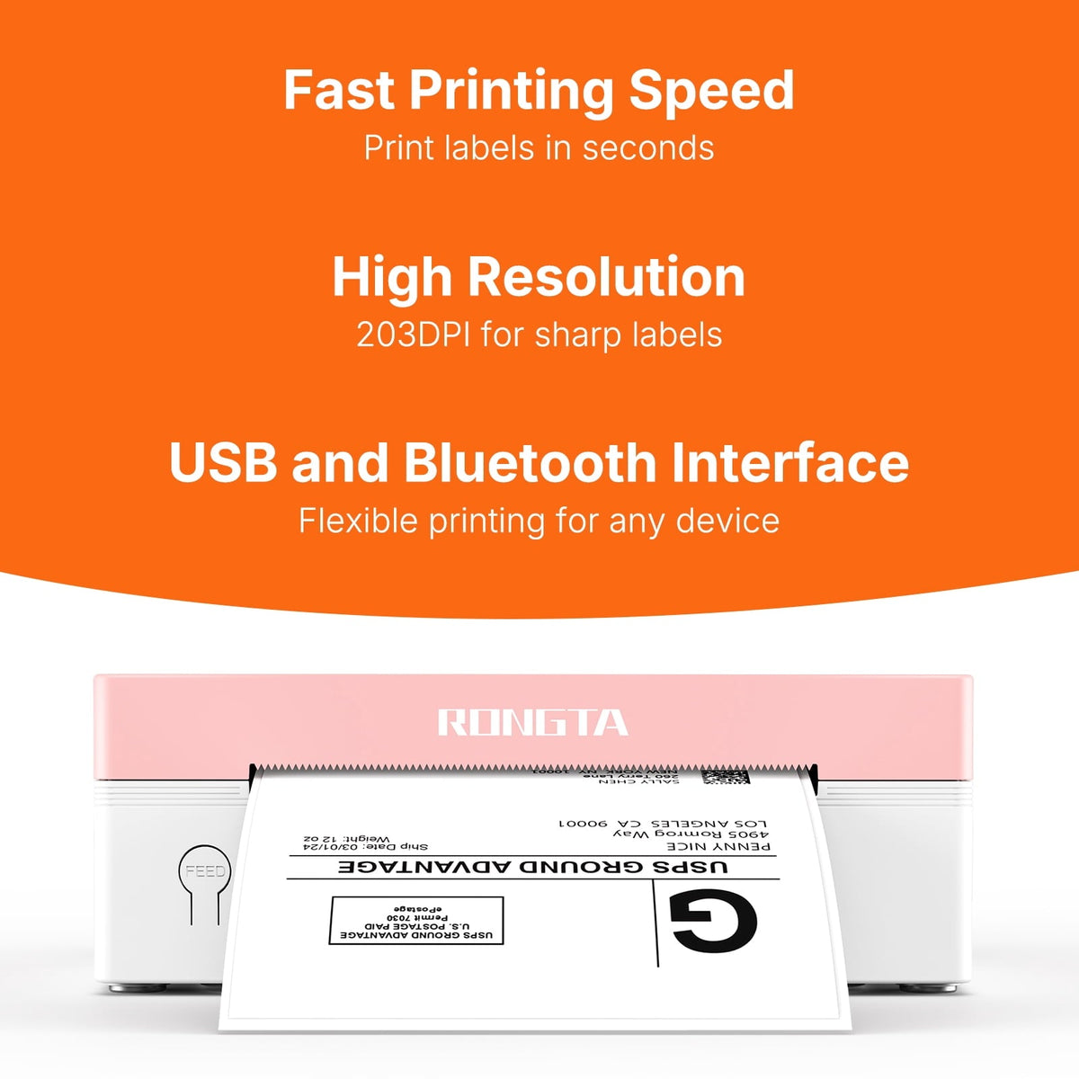 Rongta Bluetooth Shipping Label Printer. Wireless 4x6 Thermal Label Printer for Shipping Packages. Pink