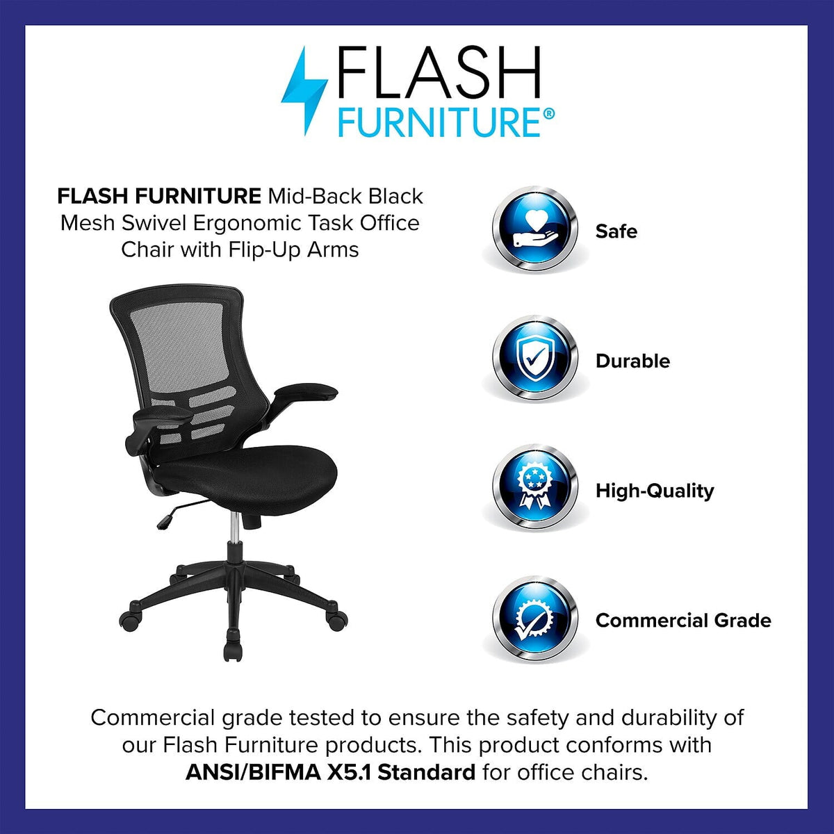 Flash Furniture Kelista Ergonomic Mesh Swivel Mid-Back Task Office Chairs Black (5BLX5MBK)