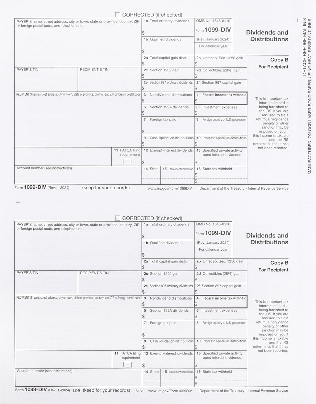 1099 DIV Tax Forms 4 Part 2025 - Kit for 25 Vendors 4-Part. Complete Laser DIV Dividends and Distribution Forms Value Pack. Compatible with QB and Accounting Software