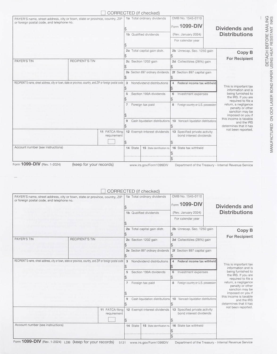 1099 DIV Tax Forms 4 Part 2025 - Kit for 25 Vendors 4-Part. Complete Laser DIV Dividends and Distribution Forms Value Pack. Compatible with QB and Accounting Software