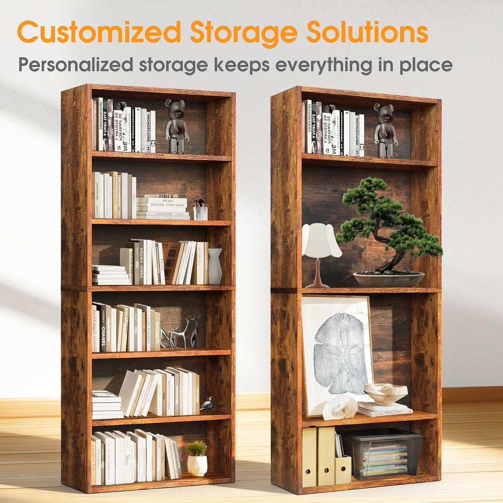 Large Bookcase. 5-Tier 63 Inch Tall Industrial Storage Wall Shelf. Display Shelf for Living room. Bedroom. Retro Brown