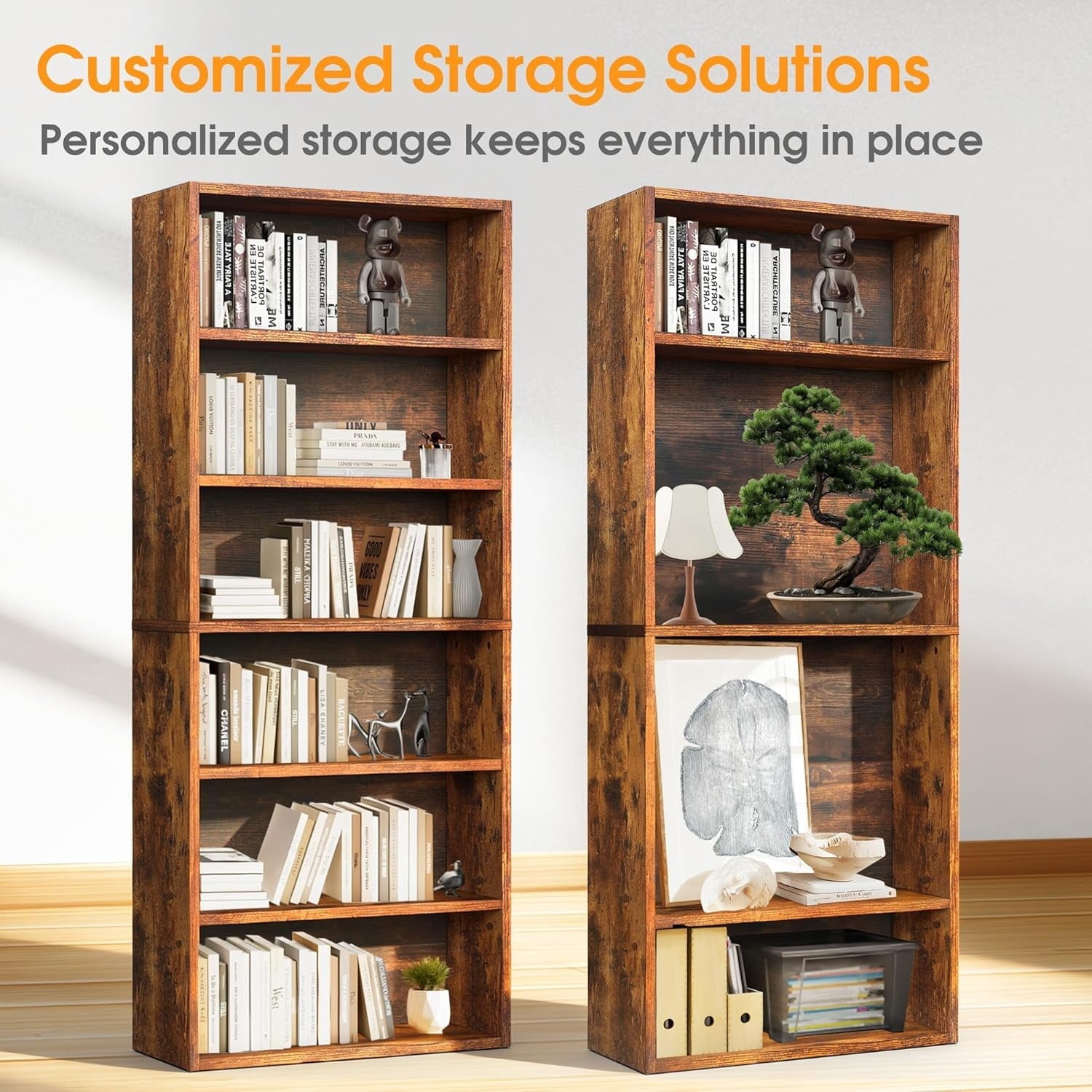 Large Bookcase. 5-Tier 63 Inch Tall Industrial Storage Wall Shelf. Display Shelf for Living room. Bedroom. Retro Brown