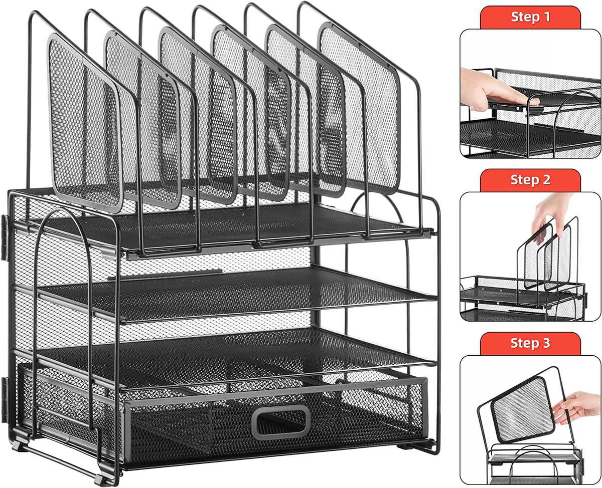 Marbrasse Mesh Desk Organizer with Drawer. 4-Tier File Holder