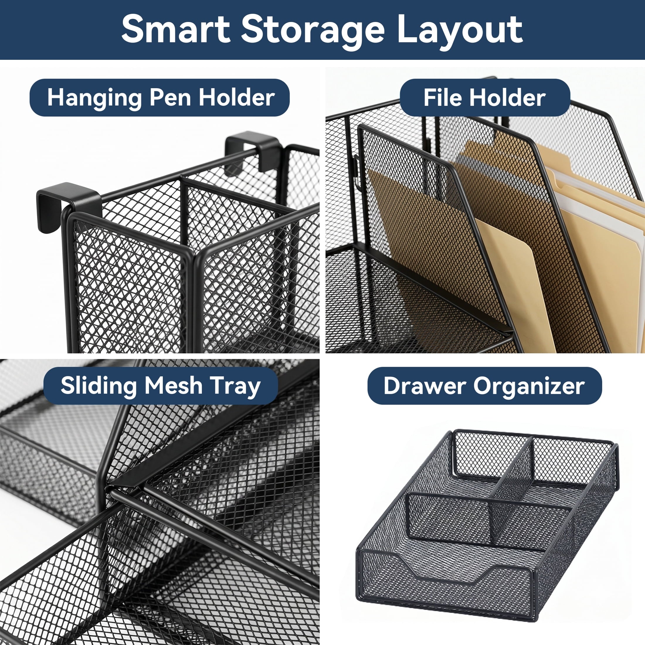 WEEUSE Mesh Desk Organizer with Drawer & 2 Pen Holders. Black