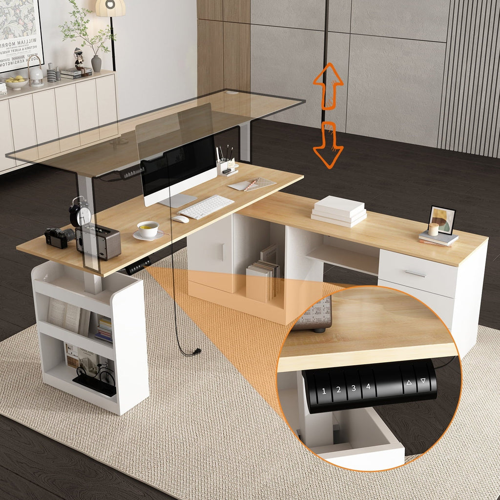 KULAGAGA Electric Standing Desk with Drawers and Shelves. Executive Adjustable Height Desk. L-Shaped Design. 63 inch Tabletop. for Office Deep Oak & White