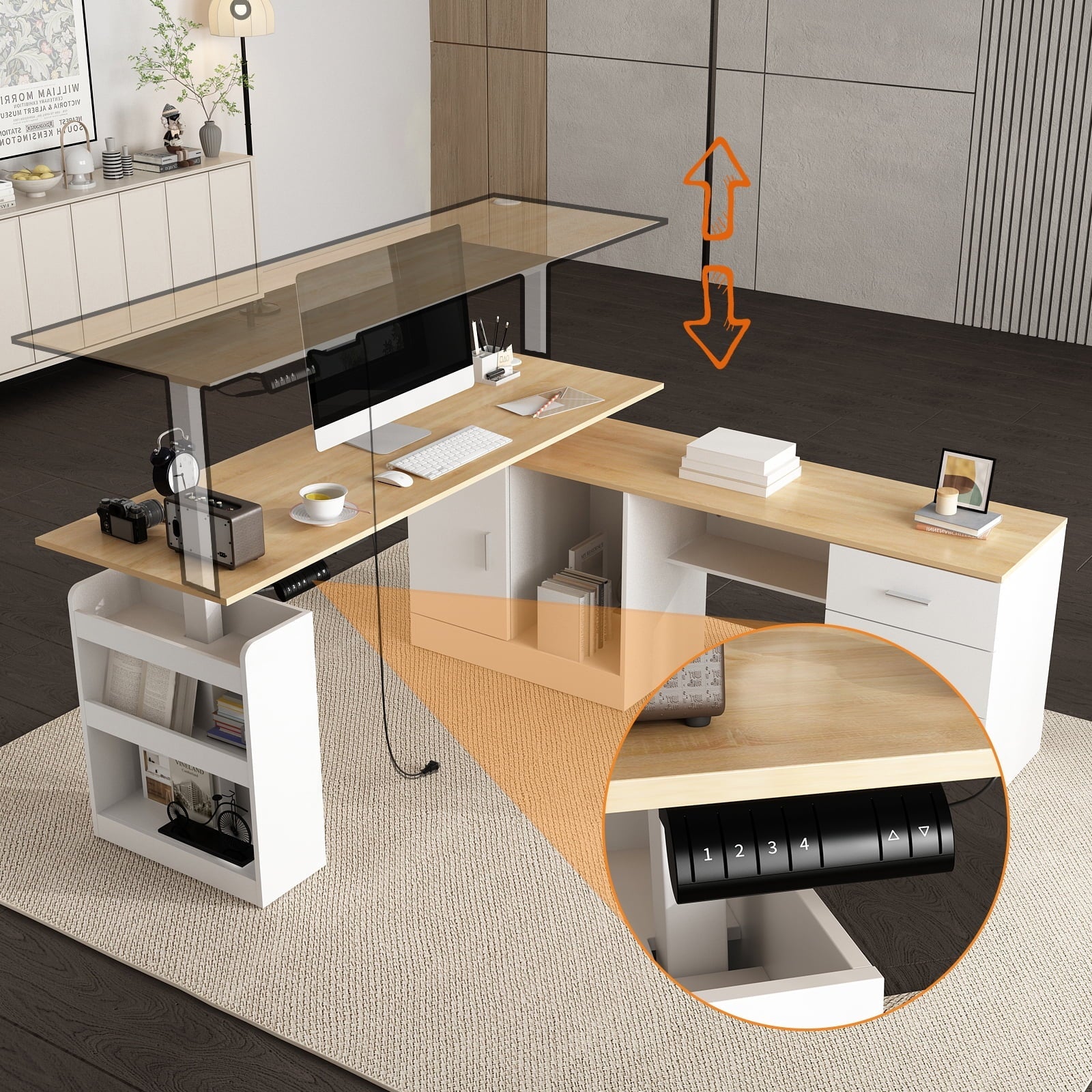 KULAGAGA Electric Standing Desk with Drawers and Shelves. Executive Adjustable Height Desk. L-Shaped Design. 63 inch Tabletop. for Office Deep Oak & White