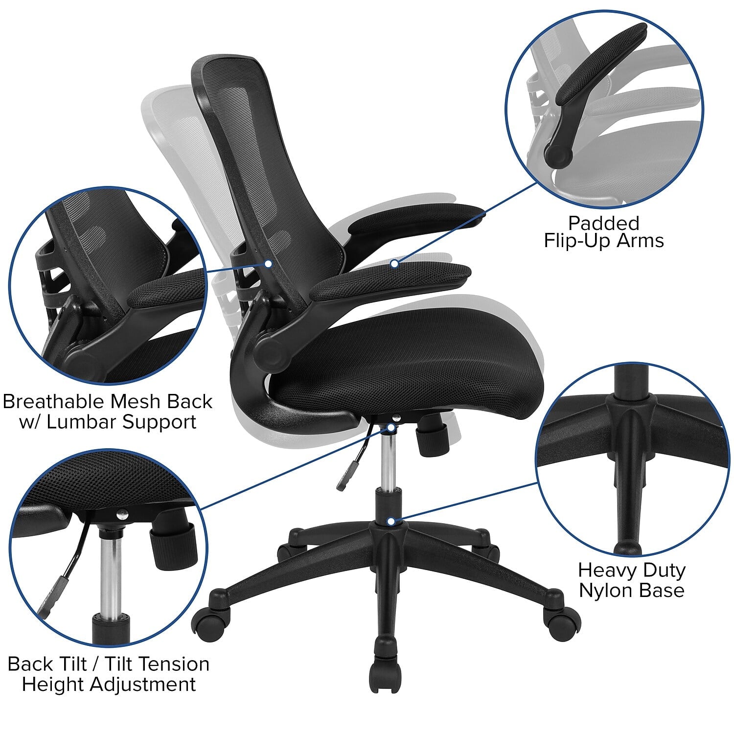 Flash Furniture Kelista Ergonomic Mesh Swivel Mid-Back Task Office Chairs Black (5BLX5MBK)