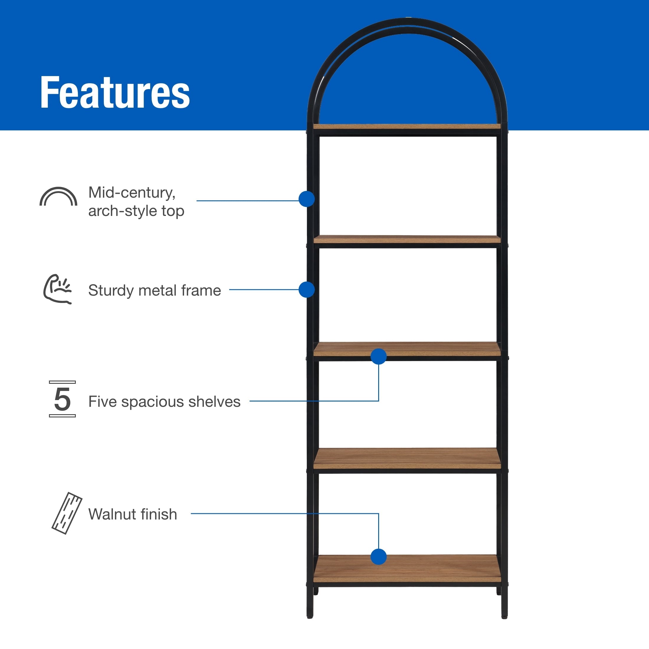 Mainstays 5-Shelf Metal and Wood Arch Open Bookcase. Warm Walnut