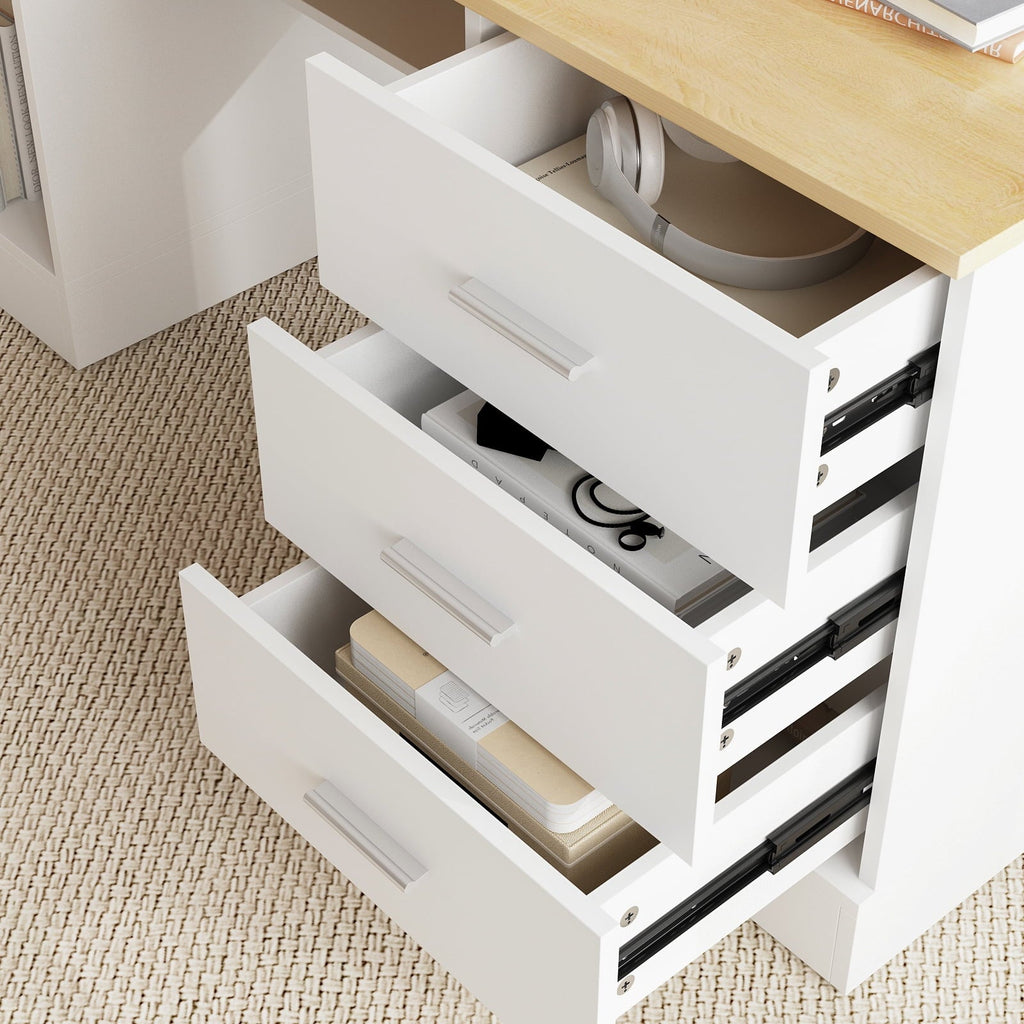 KULAGAGA Electric Standing Desk with Drawers and Shelves. Executive Adjustable Height Desk. L-Shaped Design. 63 inch Tabletop. for Office Deep Oak & White
