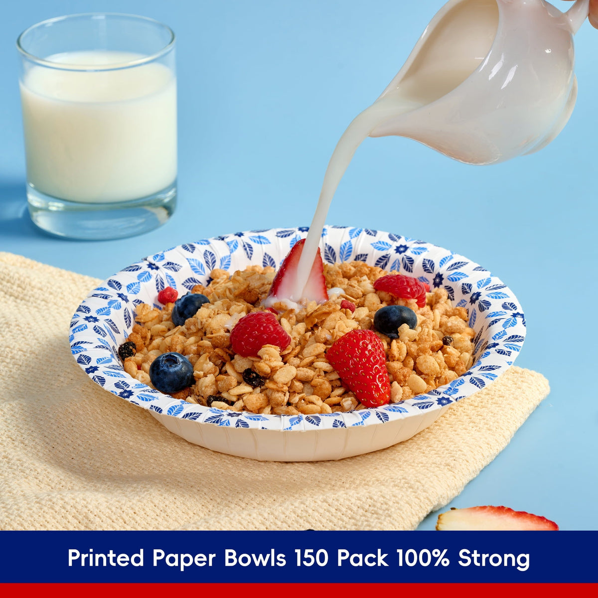 JOLLY CHEF Disposable Paper Bowls. Strong. Soak-Proof. Microwave Safe. 20 oz. Patterned. 150 Count