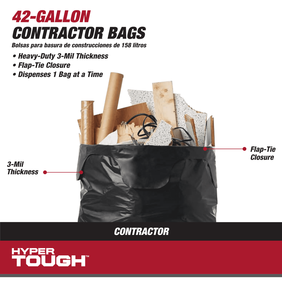 Hyper Tough 42-Gallon Flap Tie Contractor Bags. 3 MIL. 20 Bags