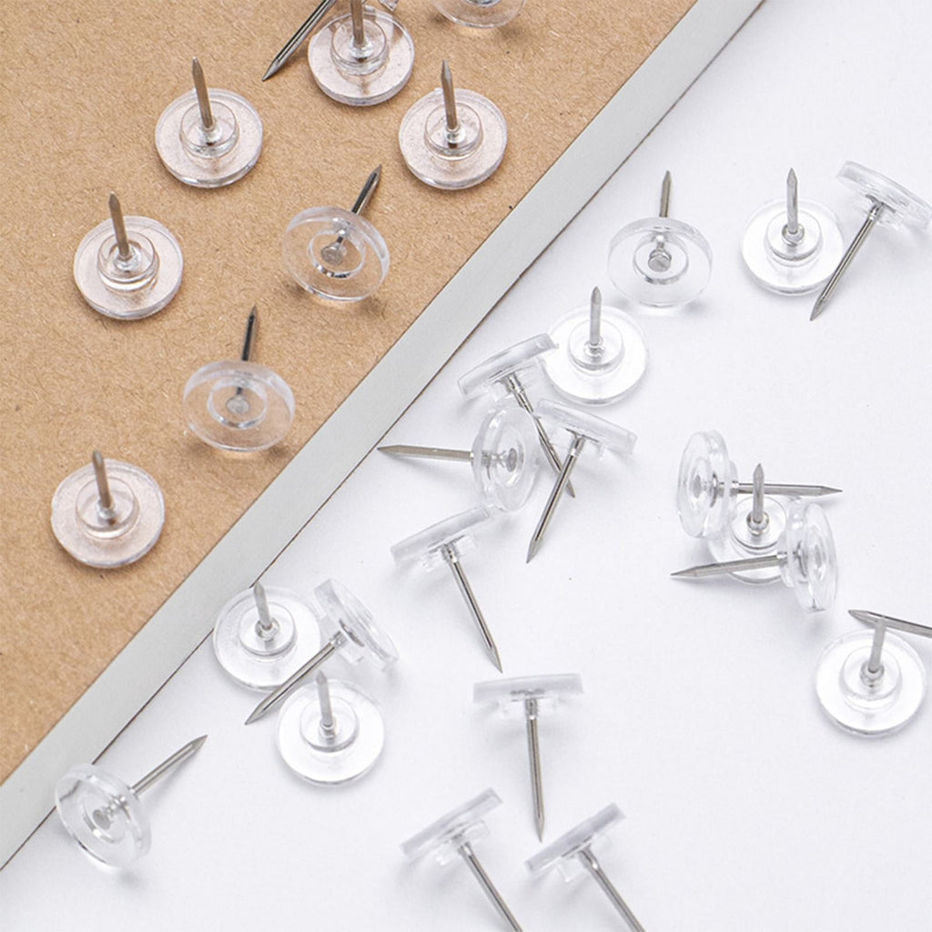 Clear Push Pins. Reusable Plastic Flat-Head Thumb Tacks for Cork Boards. Maps & Posters. 150-Count