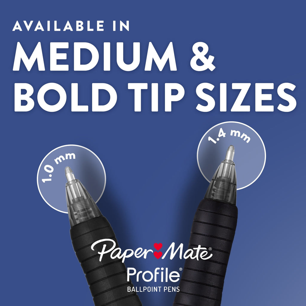Paper Mate Profile Retractable Ballpoint Pens. 1.4 mm Bold Point. Black. 8 Count