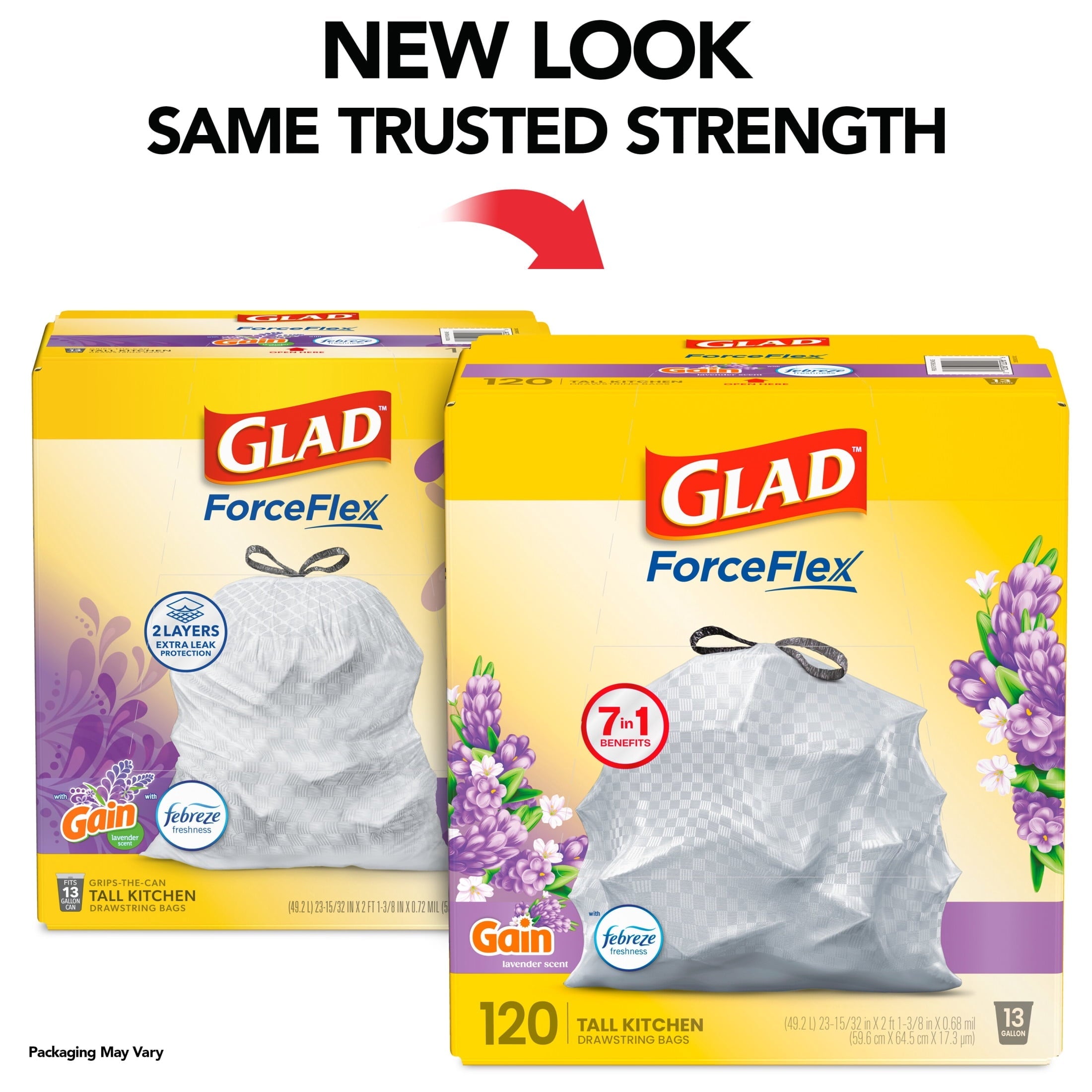 Glad ForceFlex Tall Kitchen Drawstring Trash Bags. 13 Gallon. Gain Lavender with Febreze Freshness. 120 Count