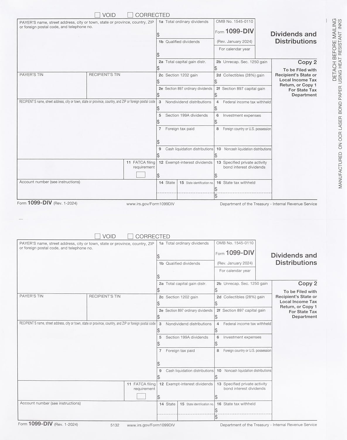 1099 DIV Tax Forms 4 Part 2025 - Kit for 25 Vendors 4-Part. Complete Laser DIV Dividends and Distribution Forms Value Pack. Compatible with QB and Accounting Software