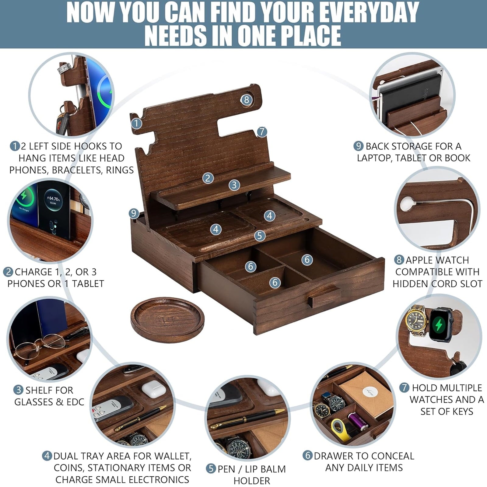 Petyoung Wood Phone Docking Station for up to 3 Phones. Nightstand Organizer with Drawer & Coaster