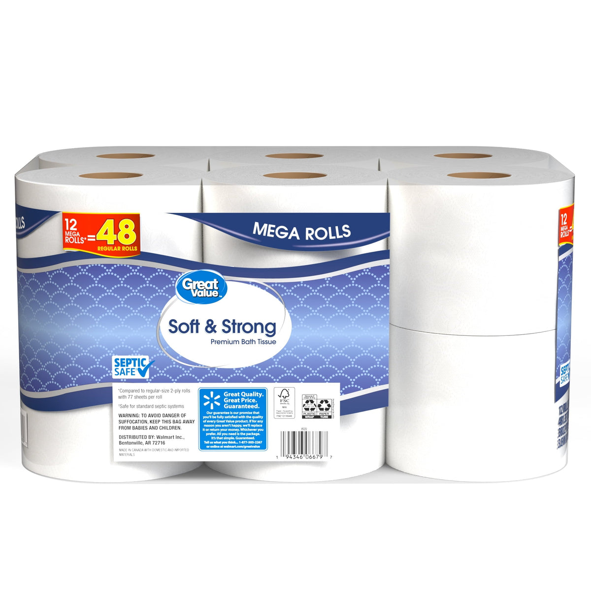 Great Value Soft & Strong Premium Toilet Paper. 12 Mega Rolls. 380 Sheets per Roll
