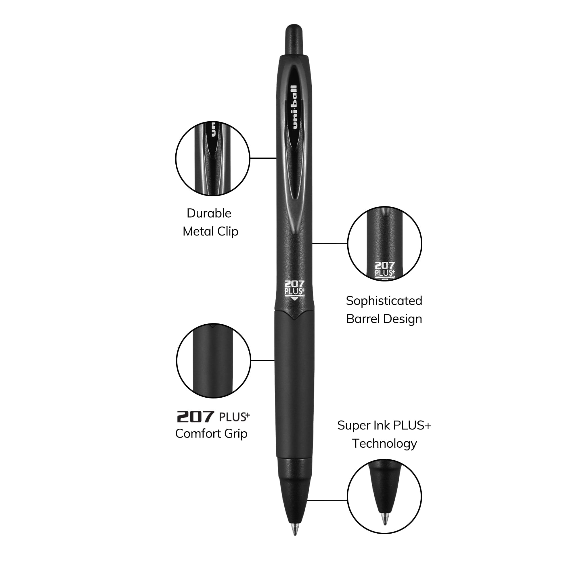 uniball 207 Plus+ Retractable Gel Pens. Medium Point (0.7mm). Black. 12 Count