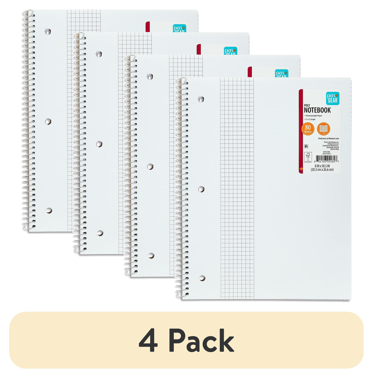Pen+Gear 1-Subject Grid Ruled Notebook. Poly Cover. 80 Sheets. 8.5 x 10.5 in. 4-Pack