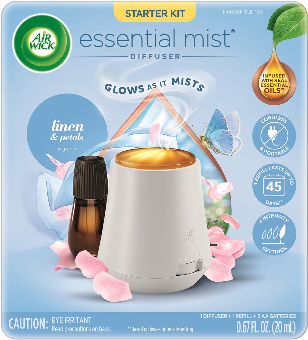 Air Wick Essential Mist Scented Oil Air Freshener Diffuser Starter Kit. Linen & Petals. 2 Piece
