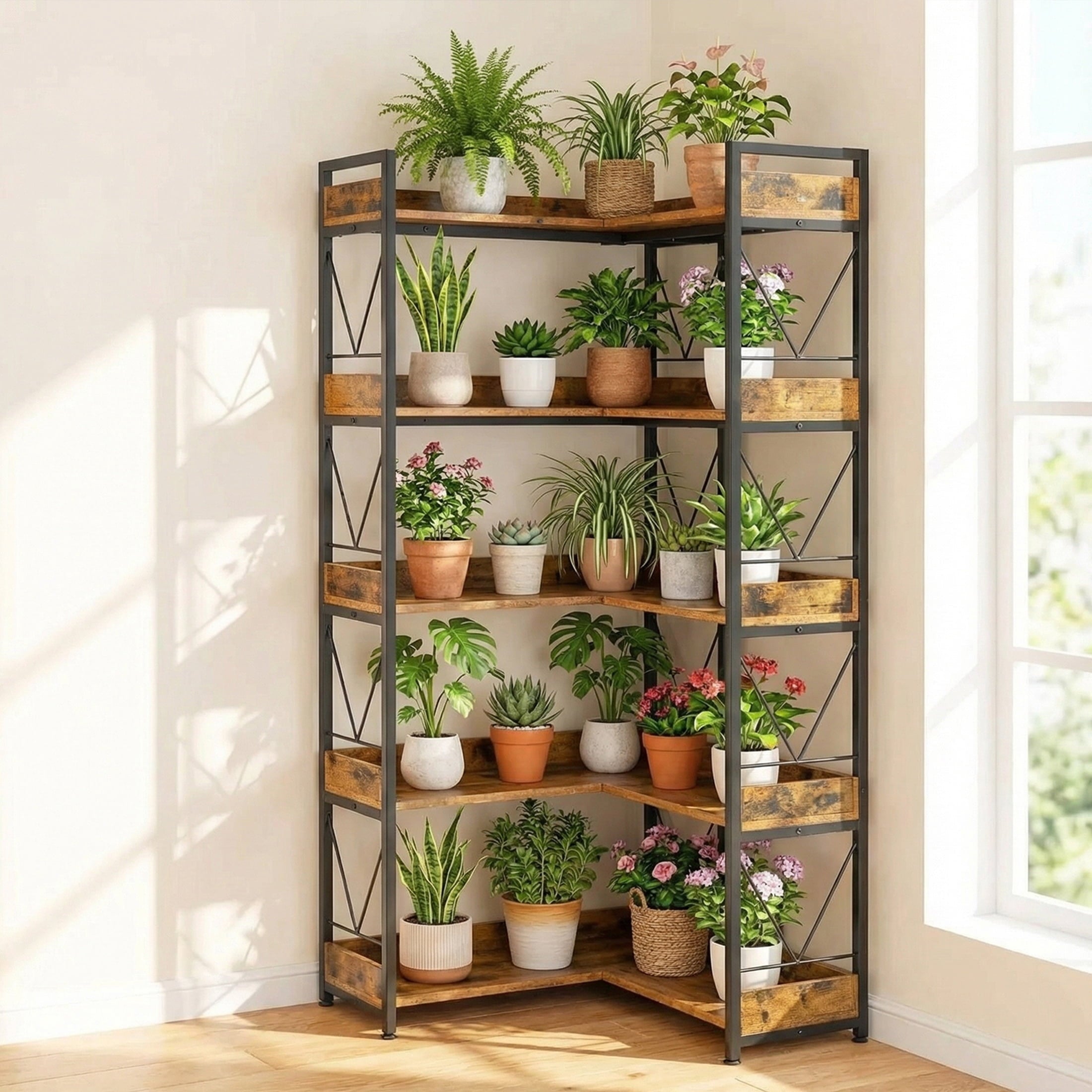 EDX 5-Tier Corner Shelf.  65'' L-Shaped Display Bookshelf . Industrial Wooden Bookcase with Metal Frame for Home . Office. Rustic Brown