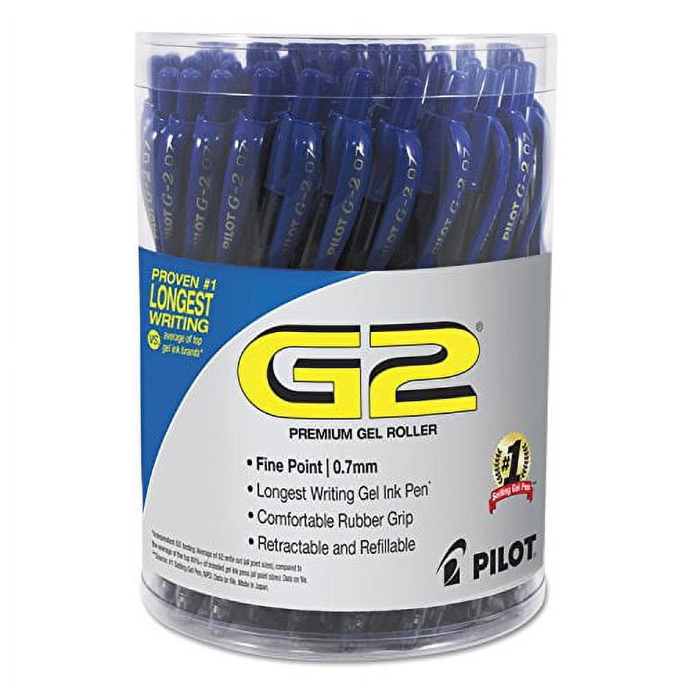 Pilot G2 Retractable Gel Pen. Fine Point. 0.7mm. Clear Barrels. Blue Ink. Tub Of 36 Pens